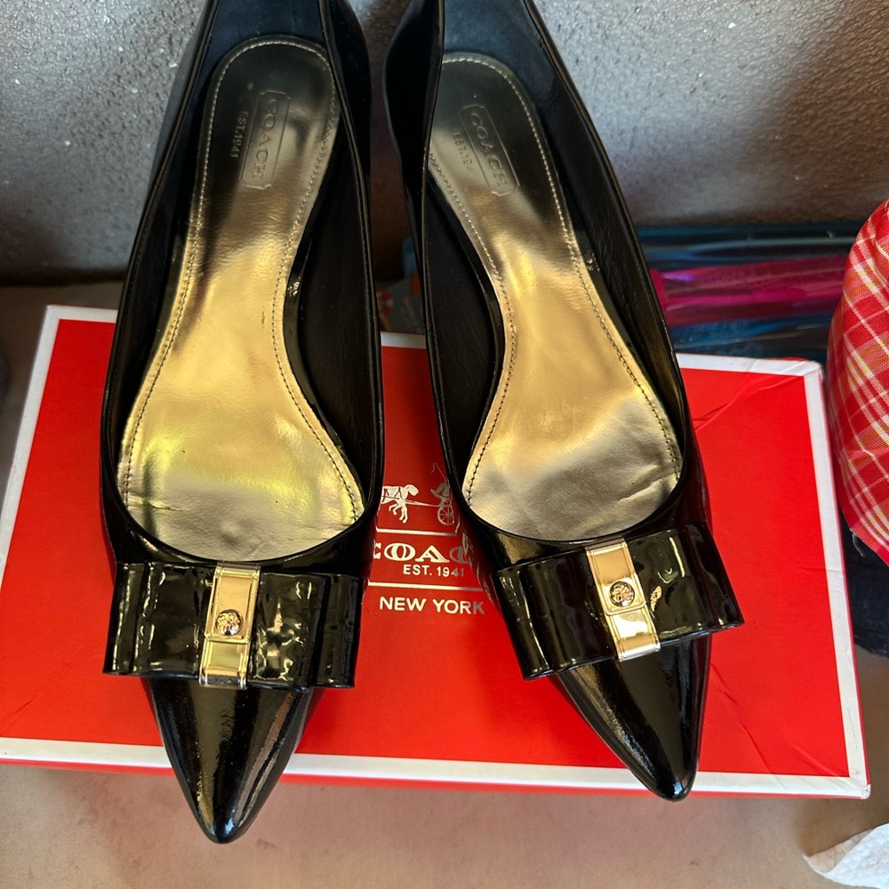 Coach Black Patent Leather Heels with Gold Accents